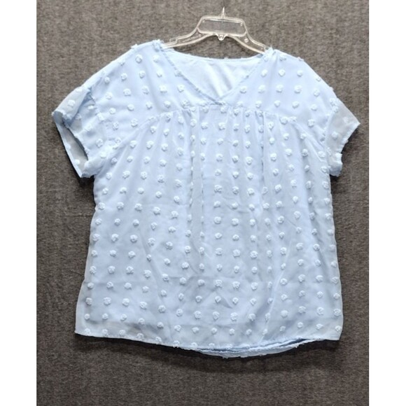 Womens Chiffon Dot Blouse Large Light Blue Cap Sleeve V Neck Sheer Underlay READ - Picture 1 of 10